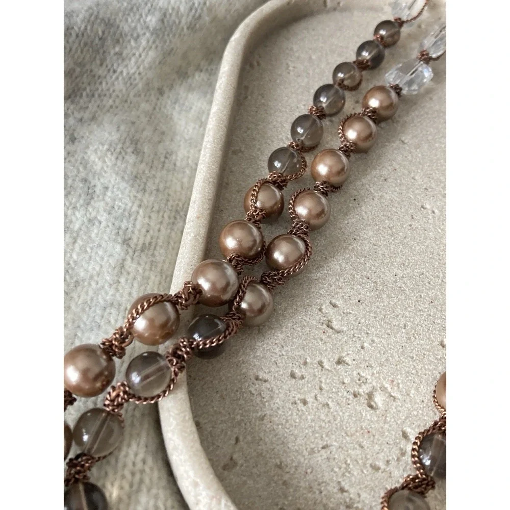 Copper Tone Multi Strand Beaded Necklace Faux Pearl Clear‎ Gray Beads Romantic